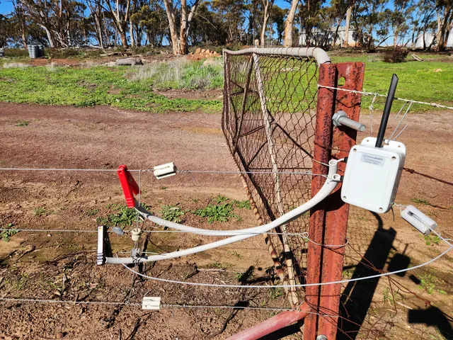 The electric fence monitor mounted on a steel gate post with its two leads clipped to the fence wires