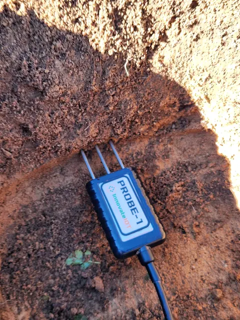 A moisture, temperature and EC probe pushed into the undisturbed side wall of a dug hole before backfilling