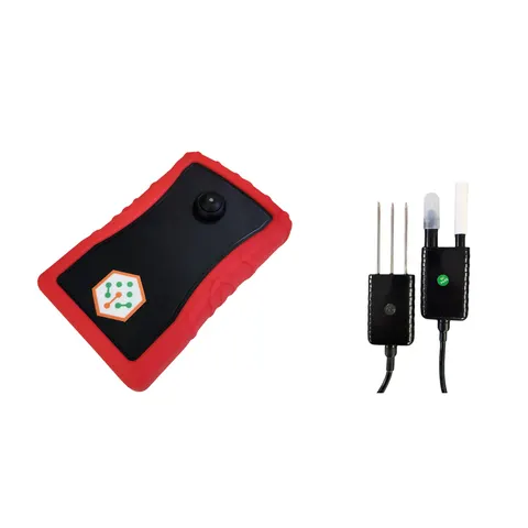Meterra handheld soil analyzer with its soil probes