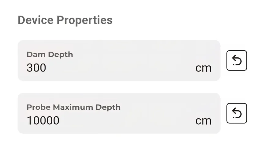 Device Properties fields for dam depth and probe maximum depth
