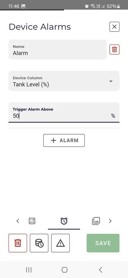 Device Alarms screen with the alarm type and trigger level fields
