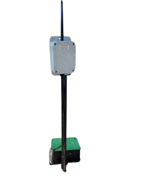 Communications unit and antenna fixed to a steel T-post with the valve box at the base