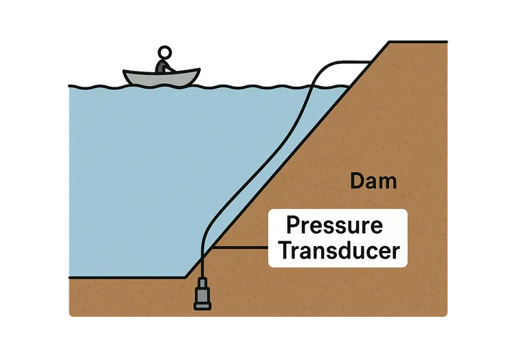 Cross-section of a dam with the pressure transducer on the bottom, the cable running up the bank, and the communications unit on a post at the shore