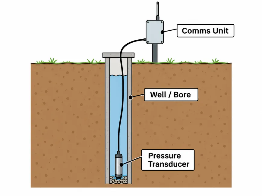 Cross-section of a well with the pressure transducer lowered down the well pipe on its cable and the communications unit on a post beside the wellhead