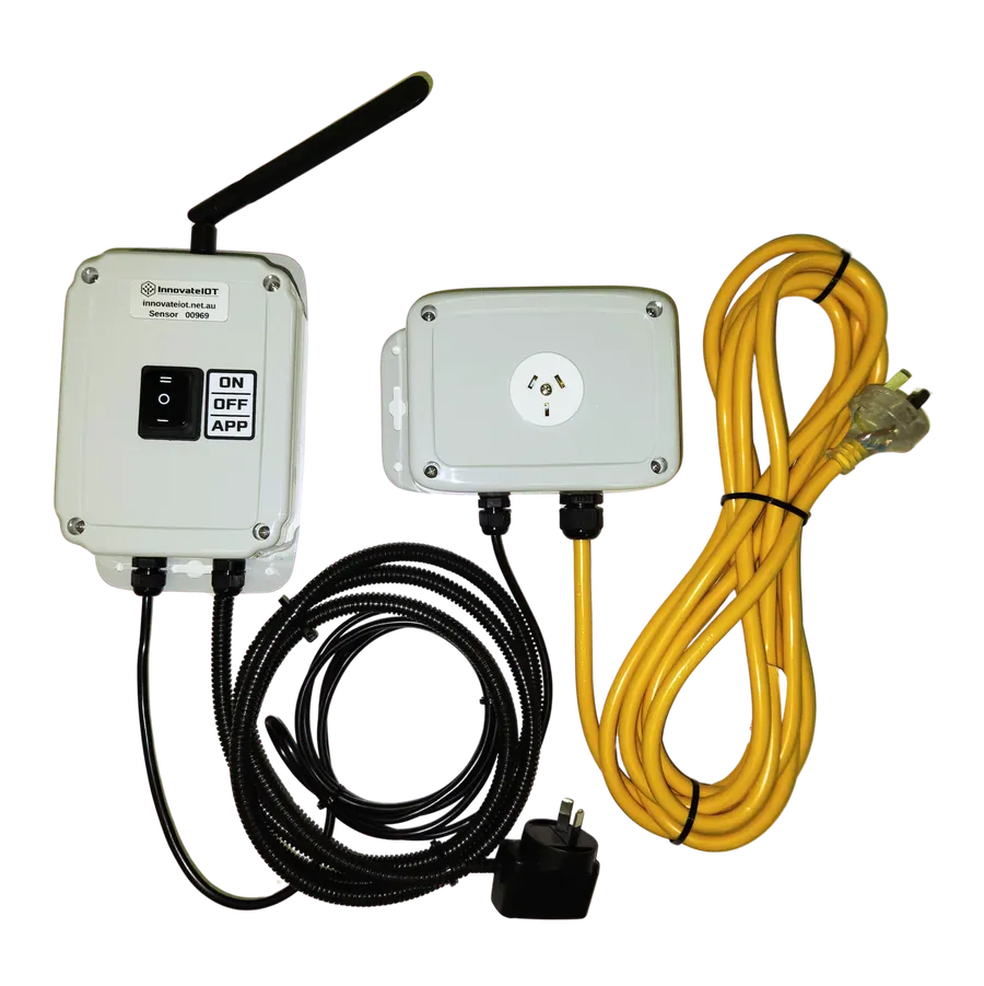 AC pump controller kit: the controller box with antenna, a socket box, and the yellow power lead