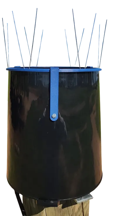 The rain gauge with bird spikes fitted around the rim of the funnel