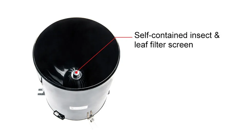 View down into the funnel showing the self-contained insect and leaf filter screen