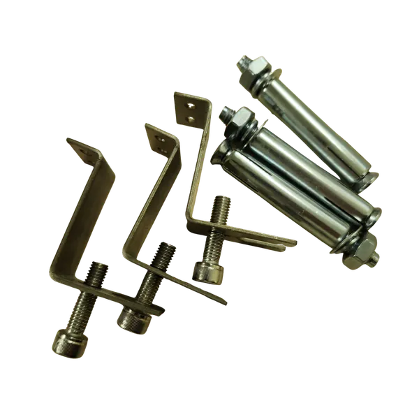 The aluminum mounting bracket pieces with bolts and clamps