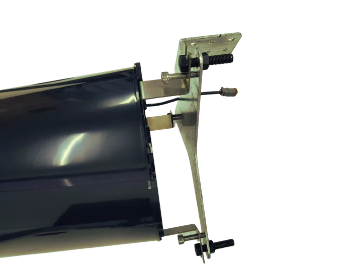 The rain gauge clamped to a pole with its bracket