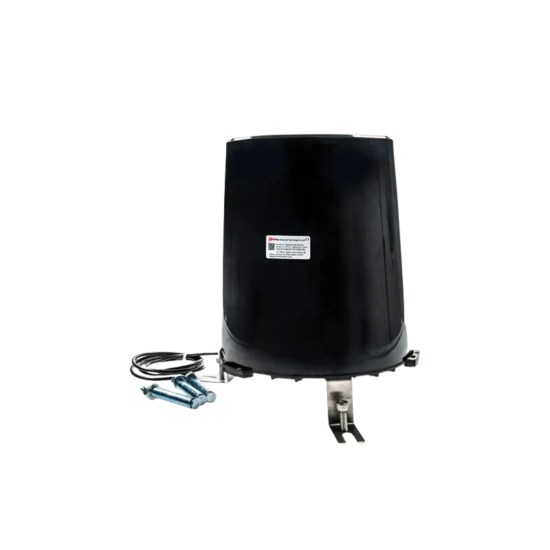The black tipping-bucket rain gauge with its cable