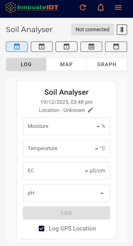 The Soil Analyser screen in the app with fields for moisture, temperature, EC, and pH, a Log button, and a Log GPS Location switch
