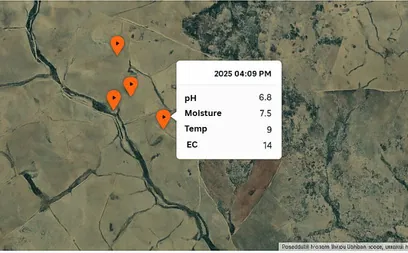 Satellite map in the app with pins at each logged reading and a pop-up showing pH, moisture, temperature, and EC