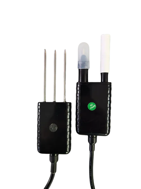 The two probes: the three-pin temperature, moisture, and EC probe and the pH probe
