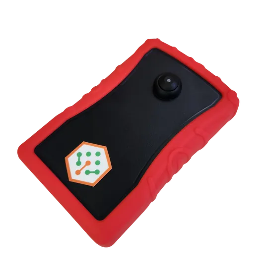 The red and black handheld soil analyzer unit