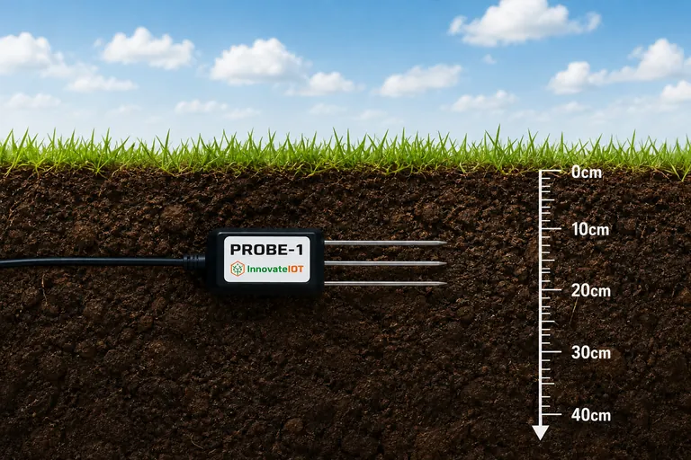 Cross-section of soil with a probe buried flat and a depth scale from 0 to 40 cm beside it