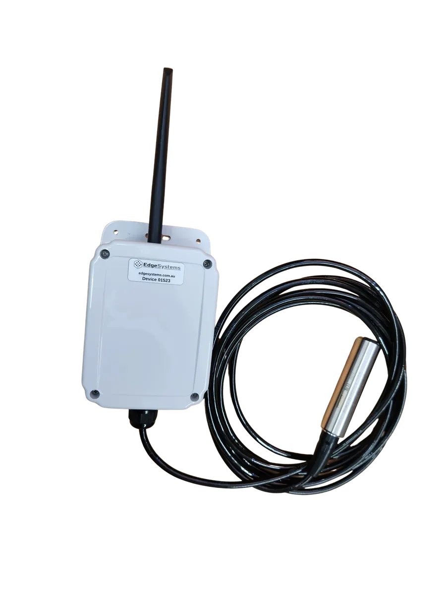 The submersible pressure sensor on a coiled cable with the white communications box and antenna
