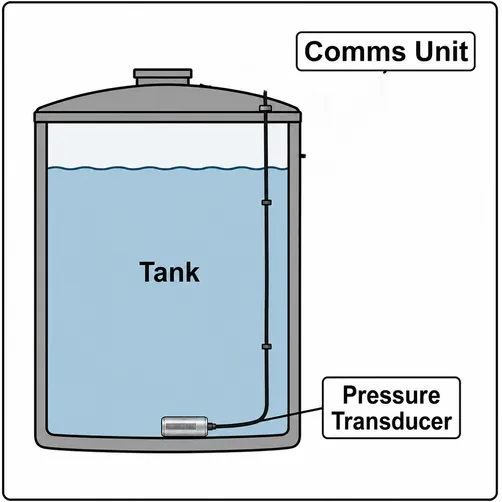 Diagram of a tank with the pressure transducer on the bottom and the communications unit on top