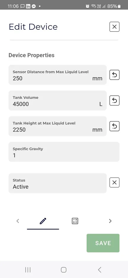 Edit Device screen with fields for sensor distance from max liquid level, tank volume, tank height at max liquid level, and specific gravity