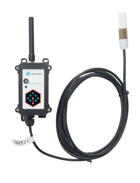Close view of the black communications unit and the temperature and humidity probe