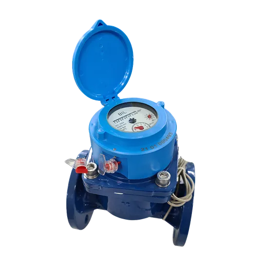 A blue mechanical water meter with a pulse output