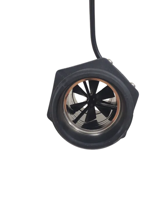The 2 inch turbine flow sensor viewed end-on, showing the turbine inside