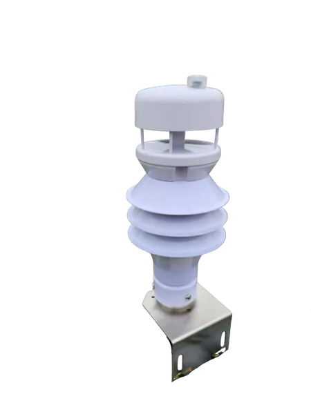 The white all-in-one weather sensor head on its mounting bracket